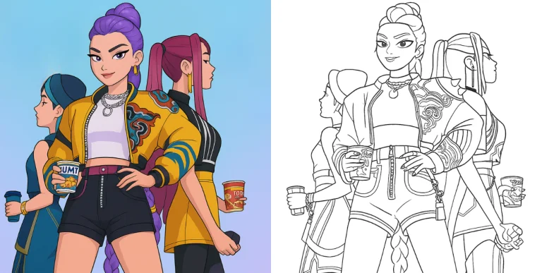 Huntrix girls from KPop Demon Hunters holding drinks and posing confidently, shown in full-color and line-art versions, perfect for printable coloring pages