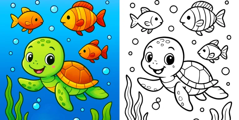 Cute baby sea turtle swimming underwater with colorful orange fish and bubbles, shown beside a black-and-white turtle coloring page for kids.