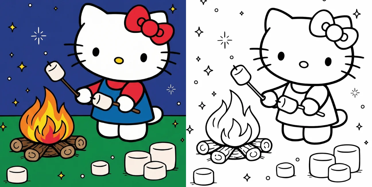 Hello Kitty roasting marshmallows by a campfire coloring page, cute printable line art for kids