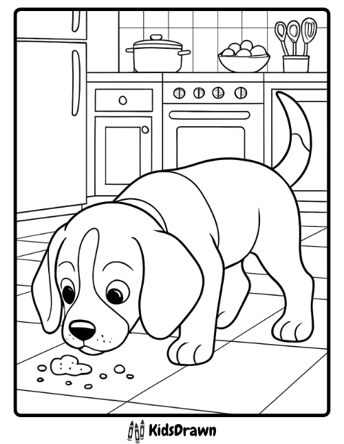 A beagle puppy sniffing crumbs on the kitchen floor with cupboards, stove, and utensils in the background