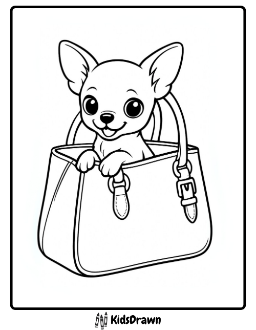 Cute Chihuahua puppy sitting in a handbag coloring page for kids