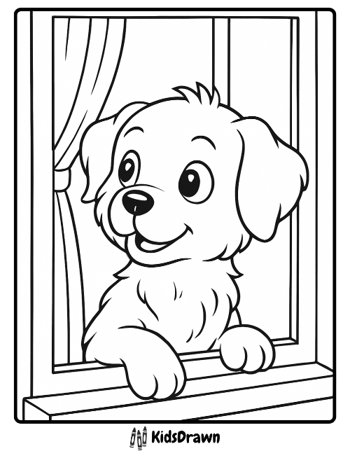 Curious puppy looking out the window coloring page for kids