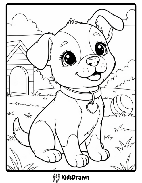 Smiling cute puppy sitting in backyard with doghouse and ball coloring page
