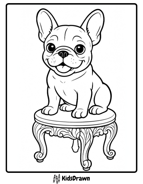 Cute French Bulldog puppy sitting on decorative stool coloring page