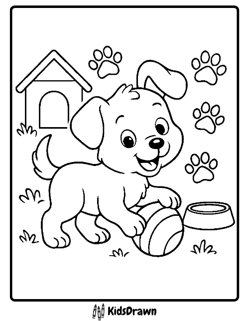 Cartoon puppy playing with ball near doghouse coloring page