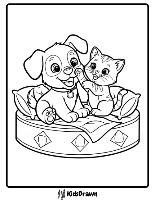 Adorable puppy and kitten sitting together on cushion coloring page
