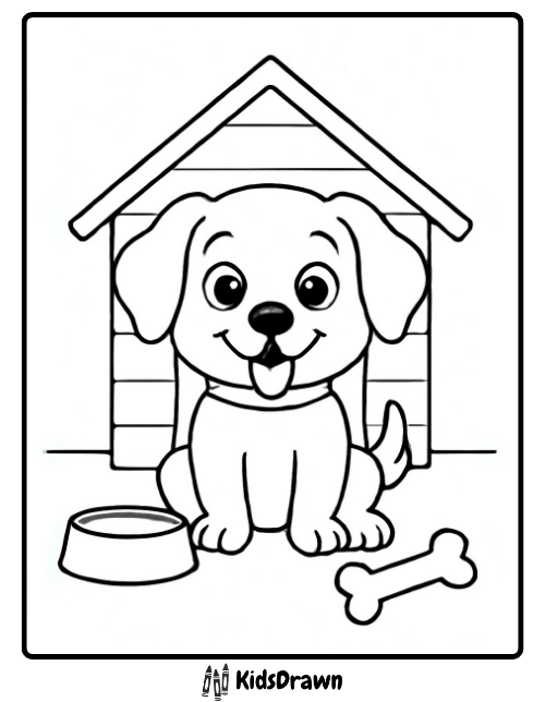 Cute puppy sitting in front of doghouse with bone and bowl coloring page