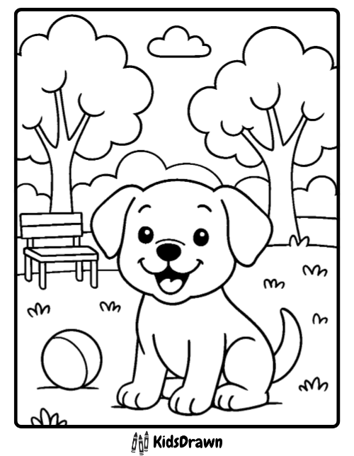 Happy puppy sitting in the park with ball coloring page