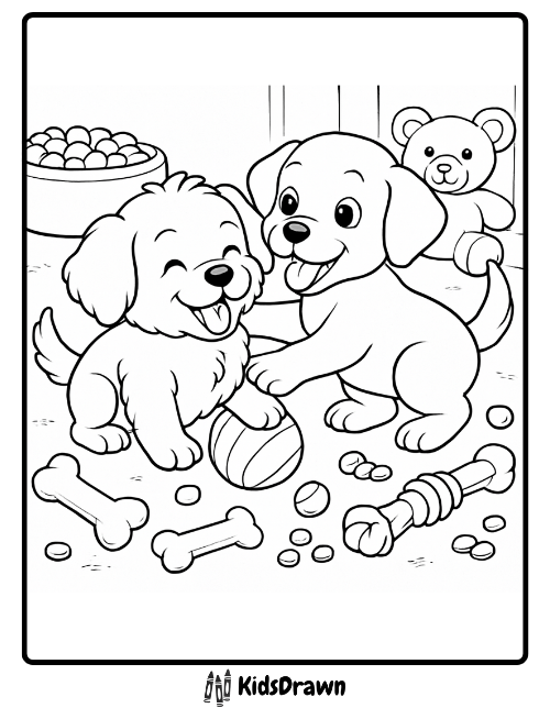 Two playful puppies having fun with toys coloring page