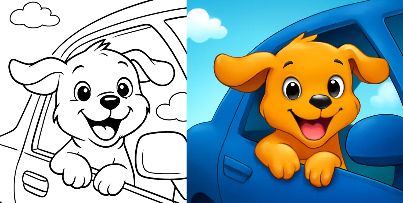 Cute puppy coloring pages happy cartoon puppy leaning out of a car window, shown in both black and white outline and colored version