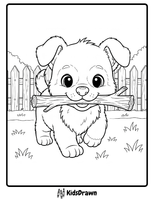 Cute realistic puppy carrying a stick in its mouth coloring page