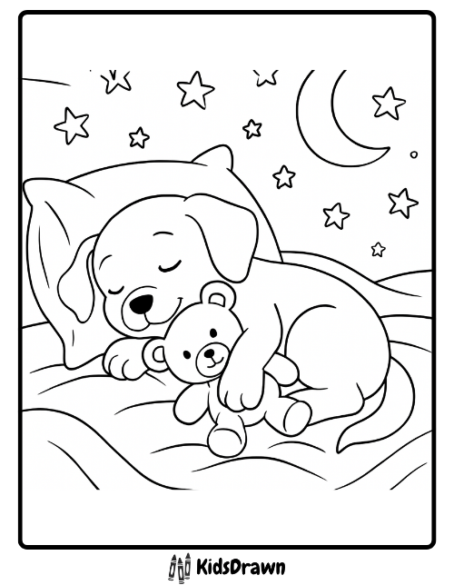 Sweet puppy sleeping with teddy bear under stars coloring sheet
