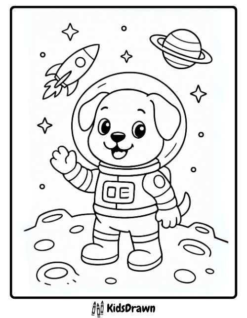 A playful puppy dressed as an astronaut standing on the moon, with stars, a rocket, and a planet in the background