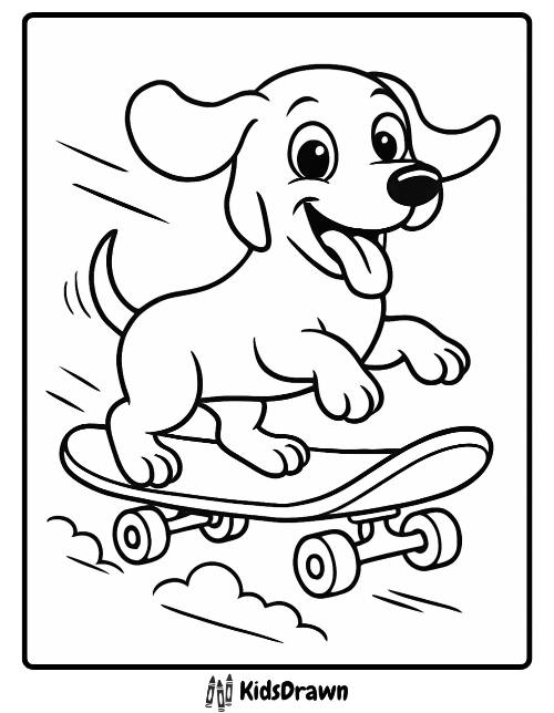 Happy dachshund puppy riding a skateboard coloring page for kids