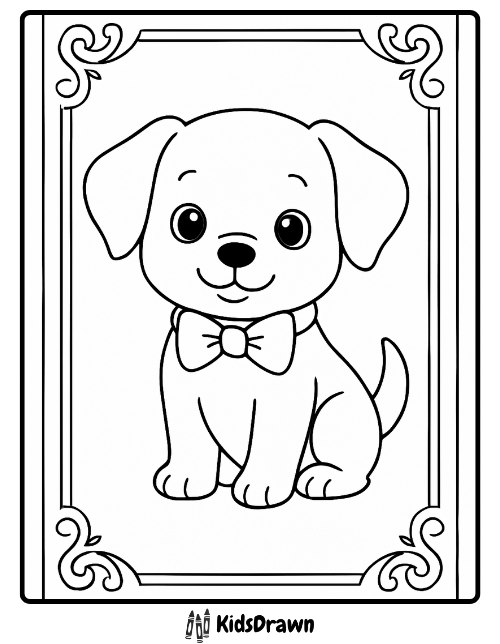 Adorable puppy wearing a bowtie framed coloring page