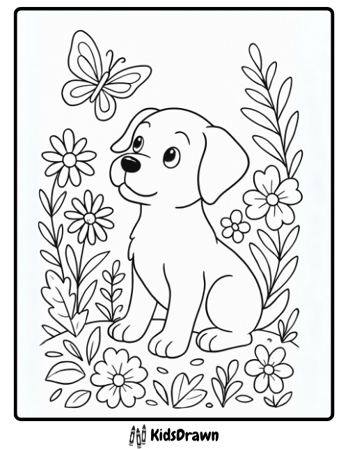 Cute puppy sitting in a flower garden watching butterfly coloring page
