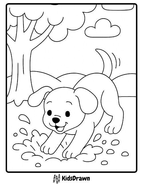 Playful puppy digging in the park coloring page for kids