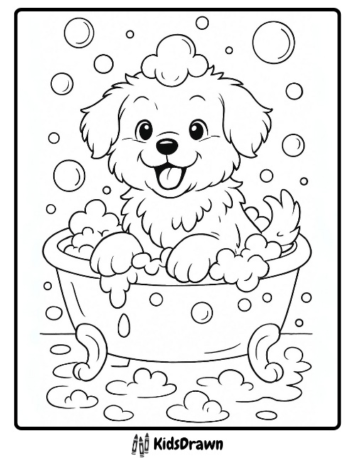 Smiling puppy taking a bath in bubbles coloring page