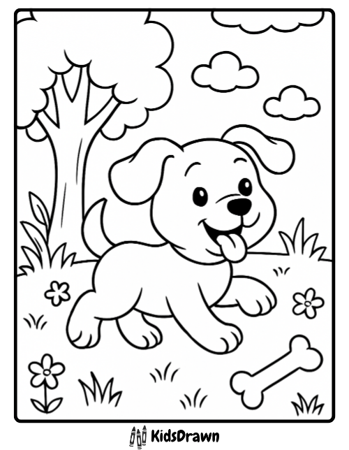 Happy puppy playing outside in the garden with bone coloring page