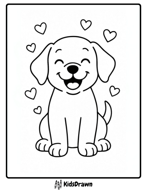 Smiling puppy surrounded by hearts coloring page for kids