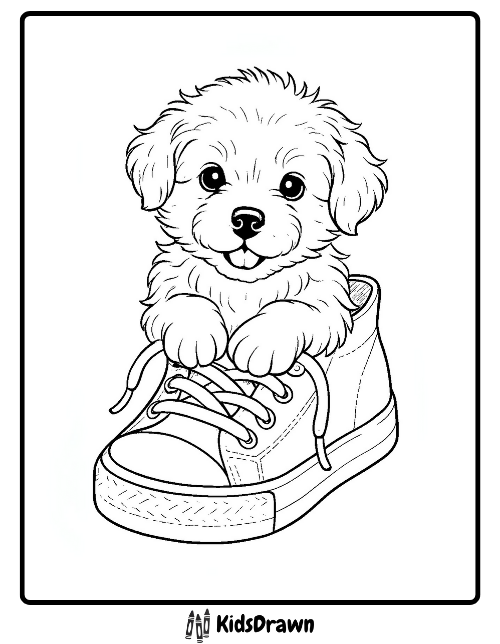 Cute puppy sitting inside a sneaker shoe coloring page