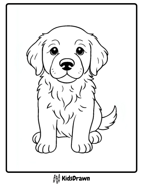 Adorable golden retriever puppy sitting coloring page for children