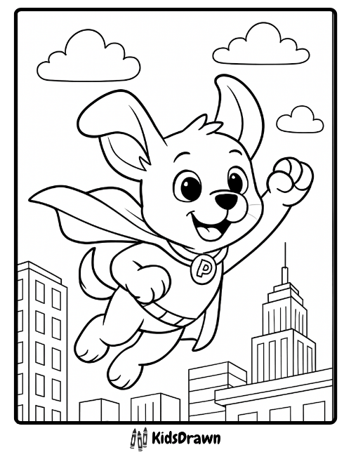 Superhero puppy flying over city with cape coloring page