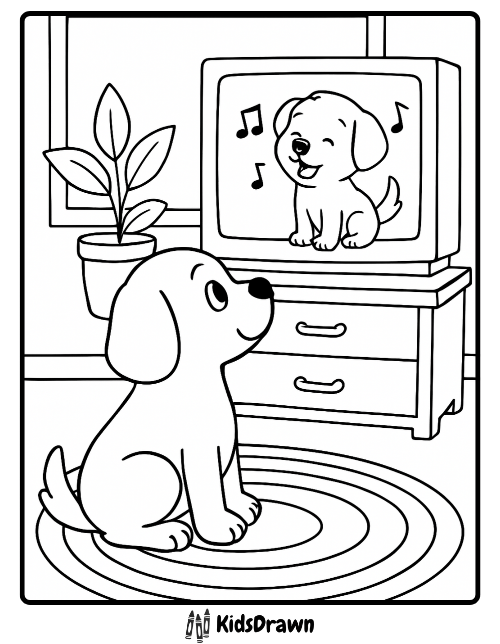 Puppy watching dog cartoon on TV coloring page for kids