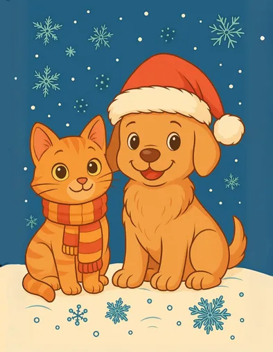 An adorable cartoon ginger cat wearing a striped scarf and a golden retriever puppy in a Santa hat, sitting together in the snow under a blue, snowflake-filled sky