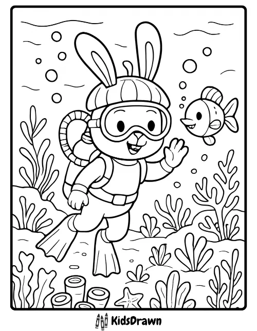 Cartoon bunny in scuba gear snorkeling underwater beside a happy fish and coral reef