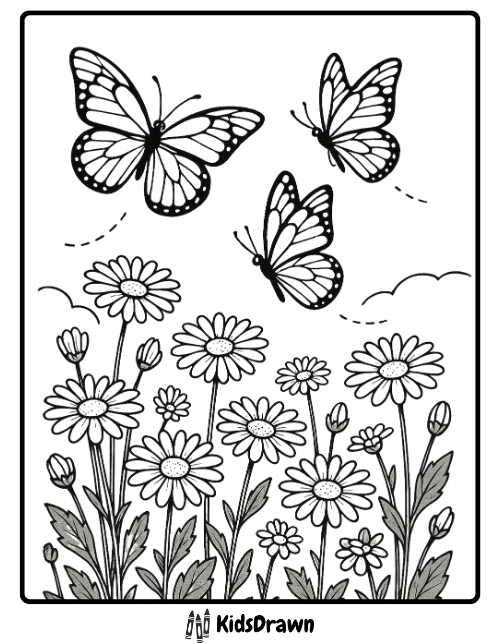Three butterflies flying gracefully above blooming daisies in a springtime coloring page scene