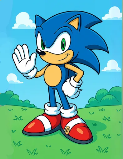 A classic illustration of Sonic the Hedgehog. See the beloved blue video game character with his iconic red shoes, waving from a bright and grassy field