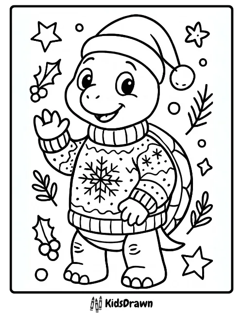 Cheerful cartoon turtle in a Christmas sweater and Santa hat surrounded by stars and holly coloring page