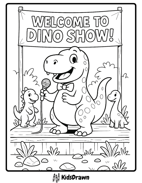 Cartoon dinosaur with bow tie hosting a fun dino show on stage with smaller dinosaurs watching