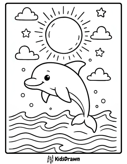 Smiling cartoon dolphin jumping over ocean waves under the sun and clouds in a fun coloring page