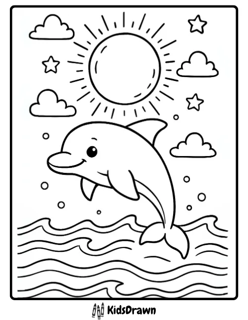 Smiling cartoon dolphin jumping over ocean waves under the sun and clouds in a fun coloring page