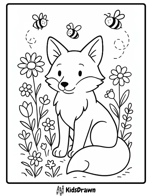Cute cartoon fox sitting among flowers with buzzing bees in a fun kids coloring page