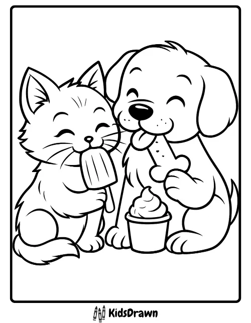 Cute cartoon kitten eating a popsicle next to a happy puppy with a bone and ice cream cup
