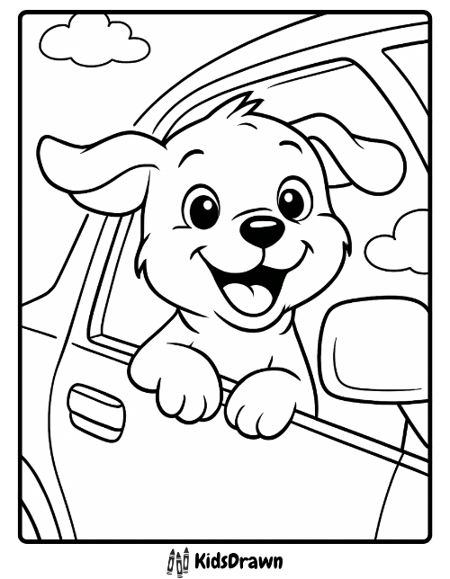 Happy cartoon puppy leaning out of a car window with clouds in the sky coloring page