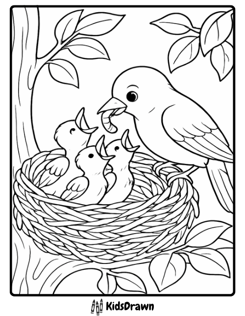 Mother bird feeding three baby chicks in a nest on a tree branch coloring page