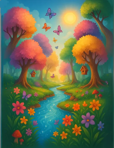 A whimsical forest scene with a sparkling blue river, surrounded by colorful trees in shades of pink, orange, and purple. Butterflies fly towards the sun, and bright flowers and mushrooms grow on the grassy banks