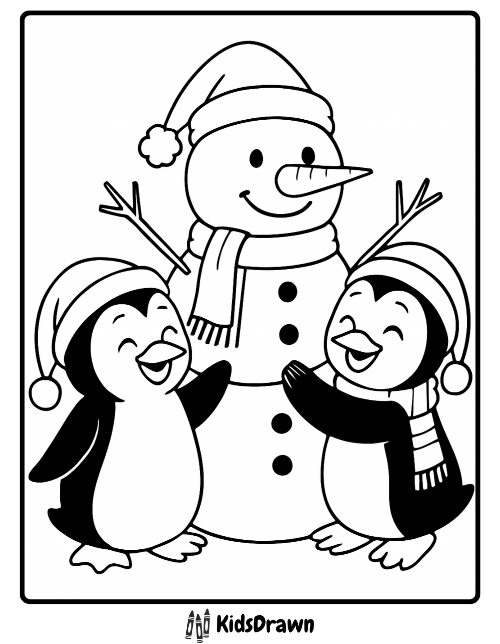 Cute Christmas coloring page of two happy penguins in winter hats building a snowman with scarf and carrot nose. Fun holiday printable activity for kids