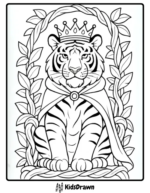 Majestic cartoon tiger wearing a crown and royal cape framed by leafy vines coloring page