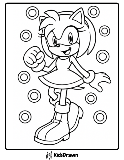 Amy Rose Sonic coloring page cheerful hedgehog character in a dress with raised fist, surrounded by Sonic rings