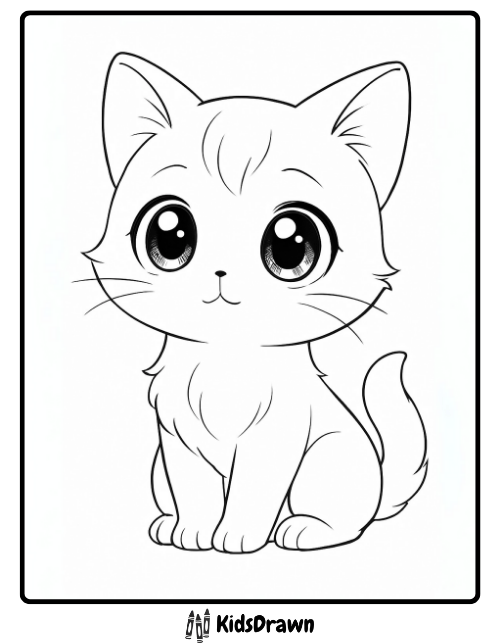 A cute anime-style kitten with big sparkling eyes sitting calmly