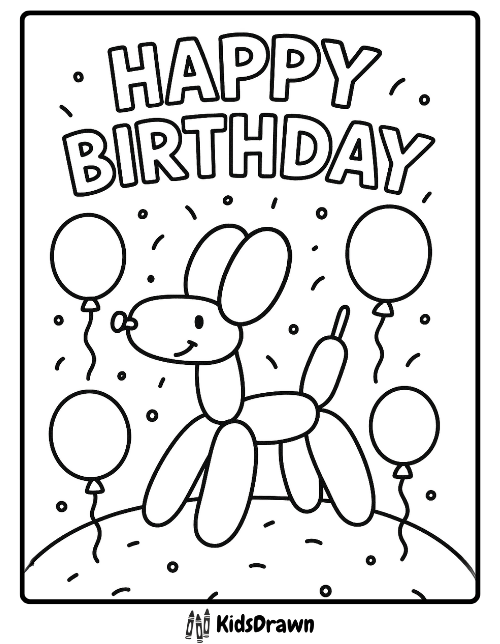 Happy Birthday coloring page featuring a balloon dog with balloons and party decorations – free printable birthday design for kids