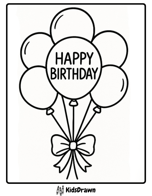 Happy Birthday coloring page featuring a balloon bouquet tied with a ribbon – free printable birthday design for children