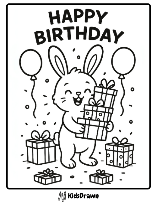 Happy Birthday coloring page with a cute bunny holding gifts, surrounded by balloons and presents – printable birthday sheet for kids