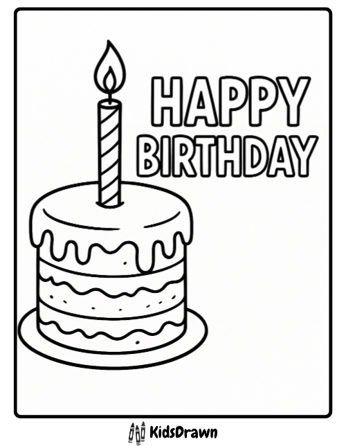 Happy Birthday coloring page with a layered cake and single candle – fun printable birthday activity sheet for kids