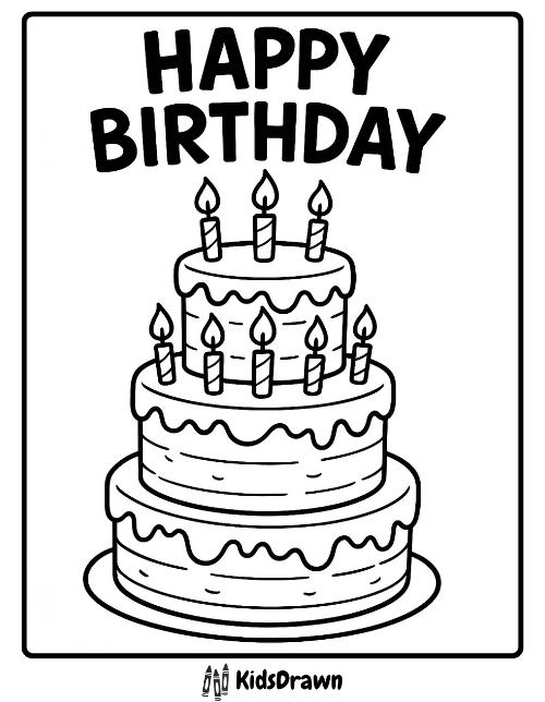 Happy Birthday coloring page with a three-tier cake decorated with candles – fun printable birthday sheet for kids
